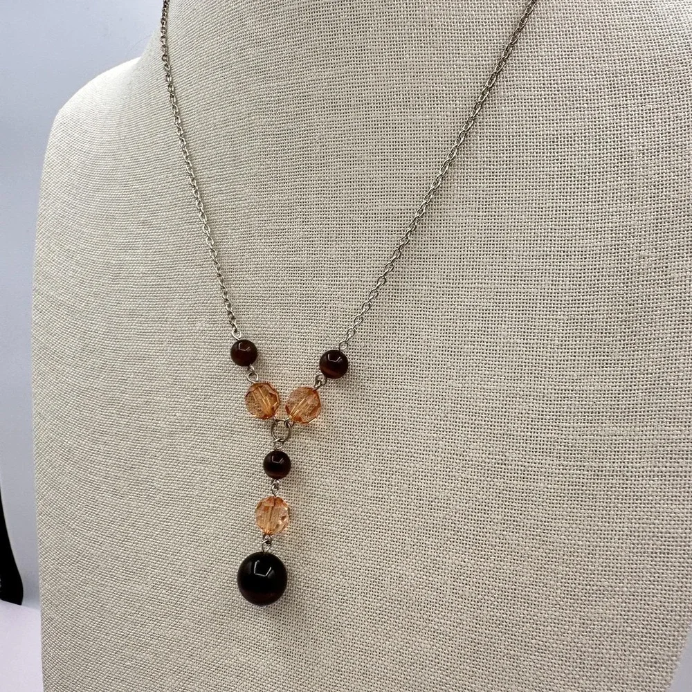 Vintage Y2K Silver Tone‎ Beaded Y-Drop Necklace Boho Statement Women's Jewelry
